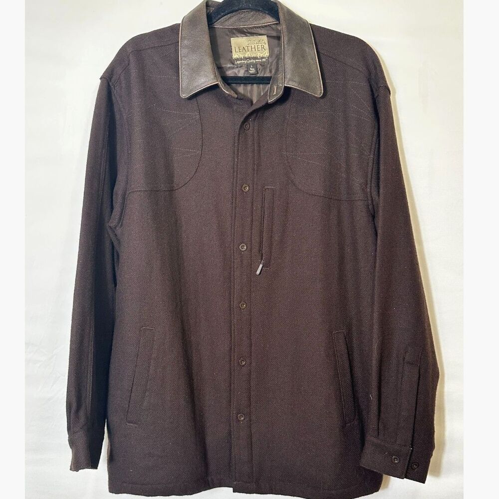 Cabela's Men's Wool Blend Shirt Jacket Leather Collar Size L Chocolate Brown